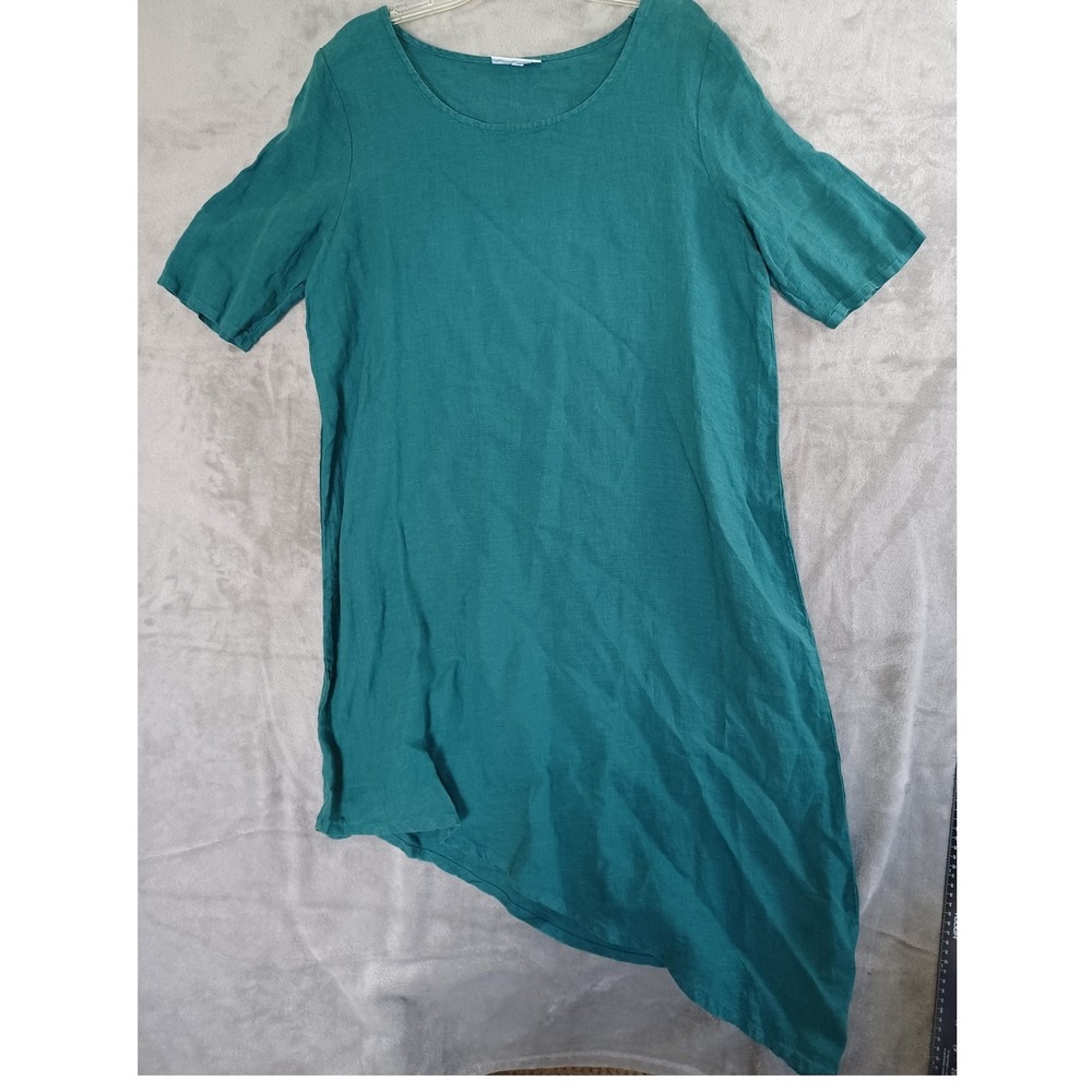 Bryn Walker M Linen Tunic Dress Lagenlook Euna Asymmetrical Short Sleeve Green